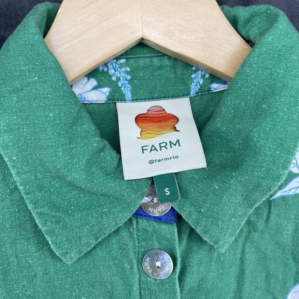 FARM Rio Women's Floral Button Up Shirt Green Blue Long Sleeve Size S - Picture 2 of 4